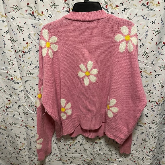 EUC Just Polly 60s Pink Daisy Flower Knit Button-up Oversized Cardigan Size M - Picture 2 of 3